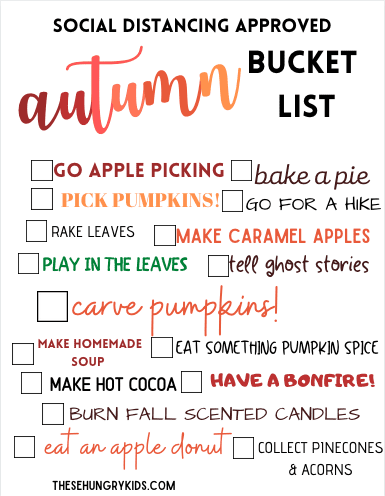 Autumn 2020 bucket list, perfect for kids and families to enjoy fun fall activities while respecting COVID-19 social distancing recommendations