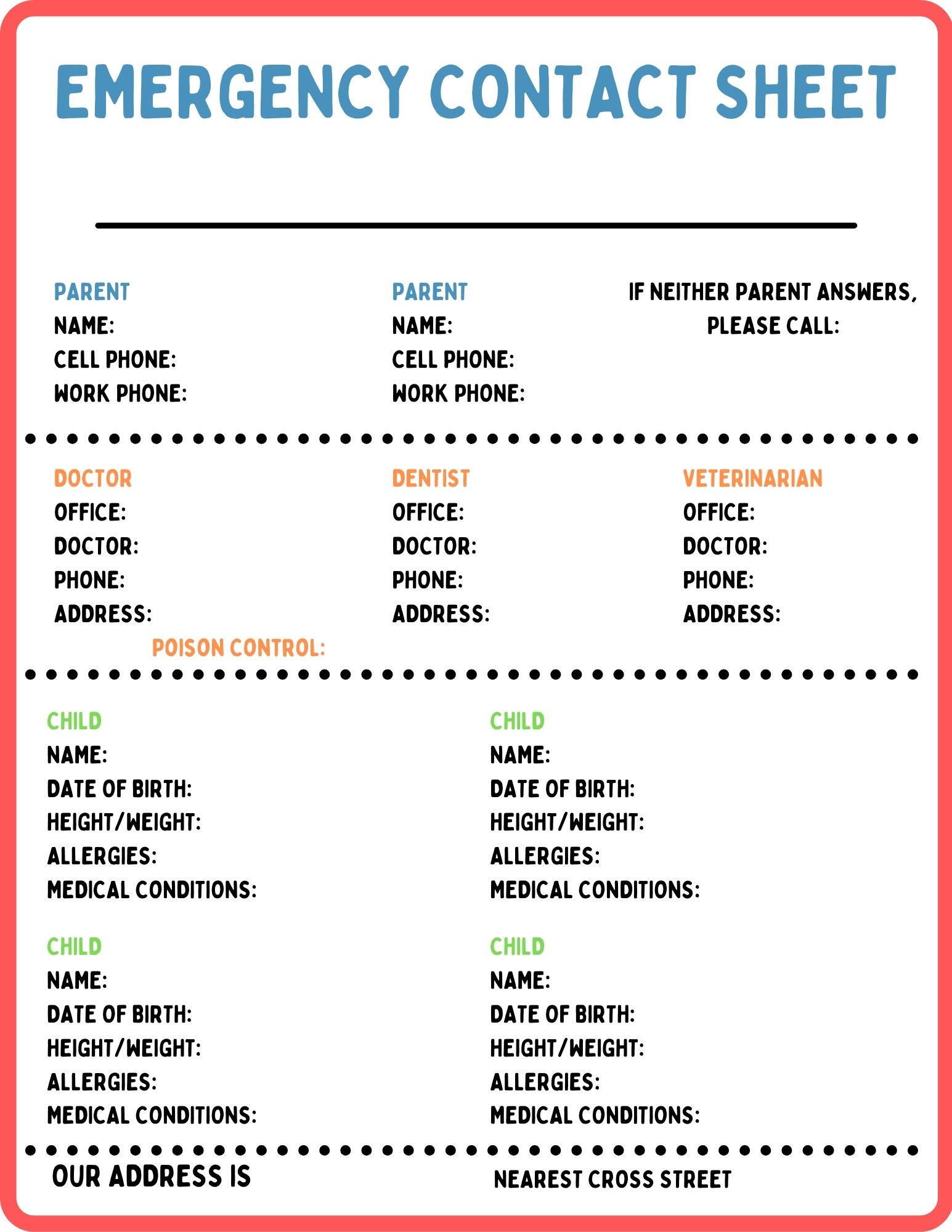 Emergency Contact Sheet For Babysitters Printable Template These 