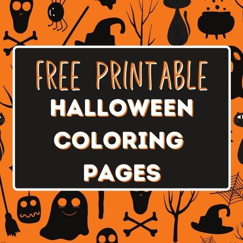 orange halloween themed background with large black box in the middle that says FREE PRINTABLE HALLOWEEN COLORING PAGES