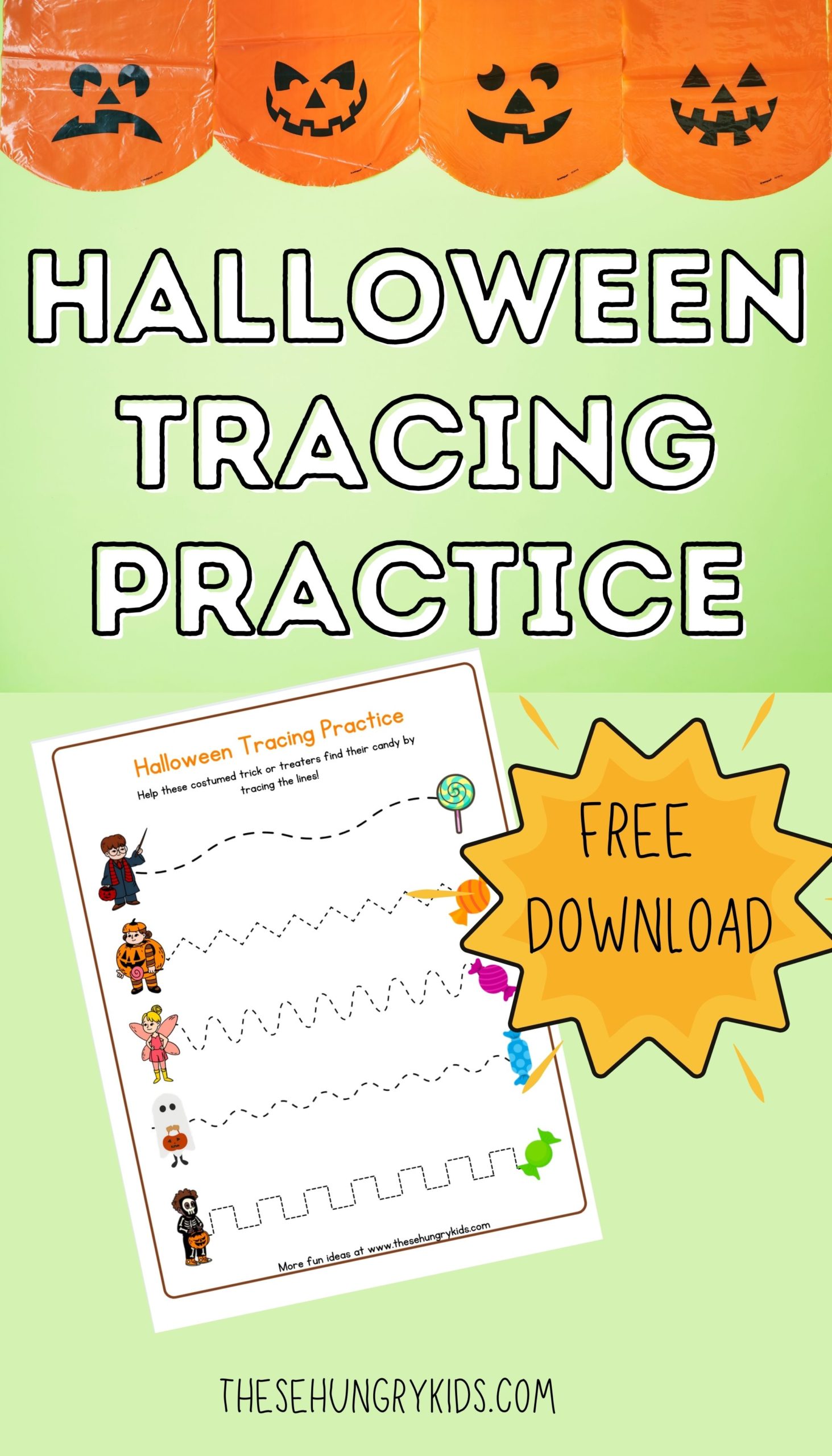 "Trick Or Treat" Halloween Tracing Practice Worksheet - FREE DOWNLOAD - These Hungry Kids