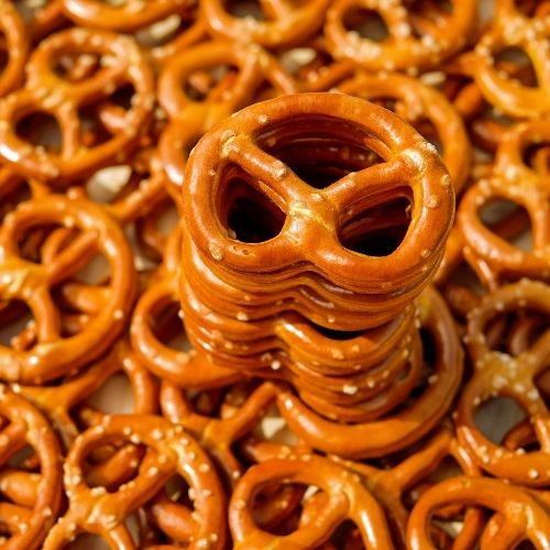miniature snack pretzels stacked up