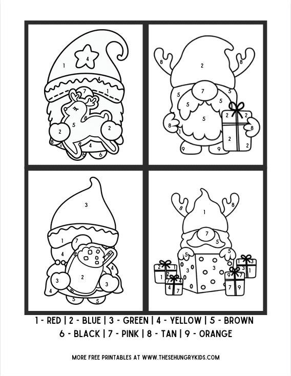 four cute christmas gnomes color by number