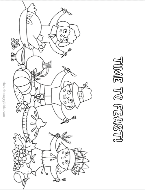 Pilgrim thanksgiving feast coloring page 