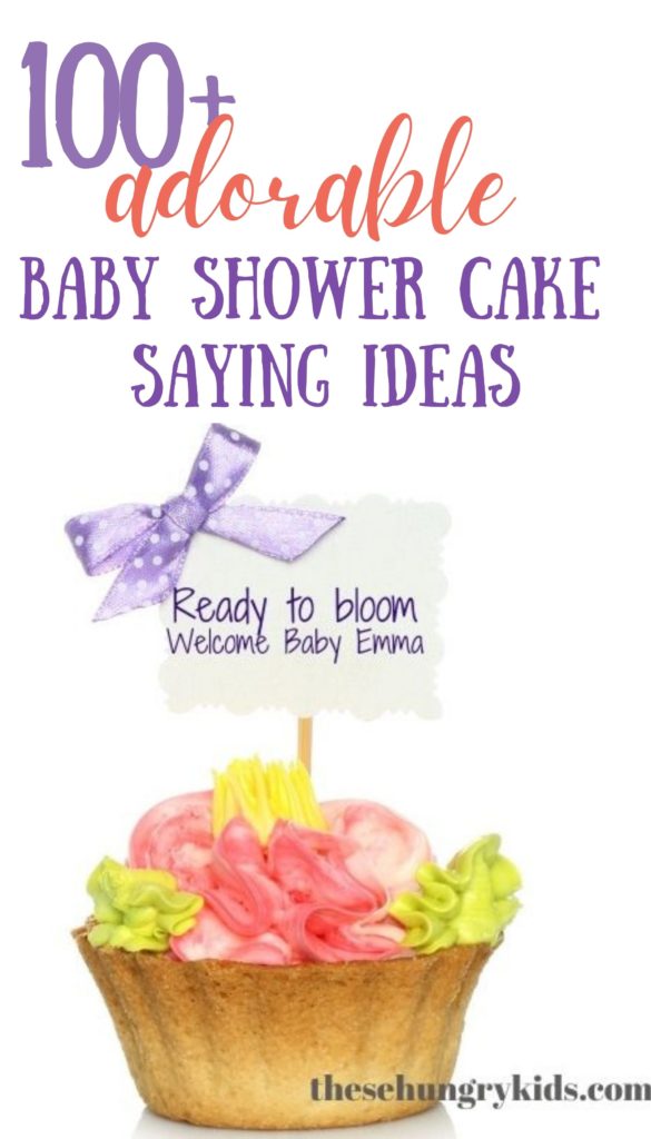 100+ adorable baby shower cake saying ideas, picture of a cupcake with a sign that says "ready to bloom welcome baby emma"