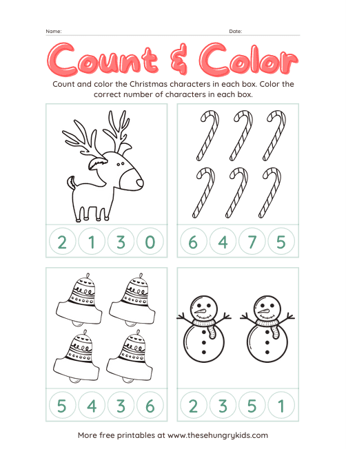 Christmas math worksheet count and color the holiday characters