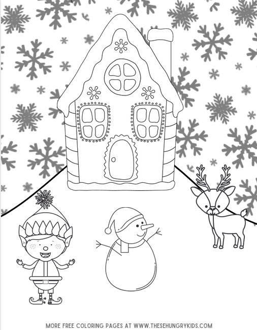 elf and reindeer and snowman and gingerbread house coloring page