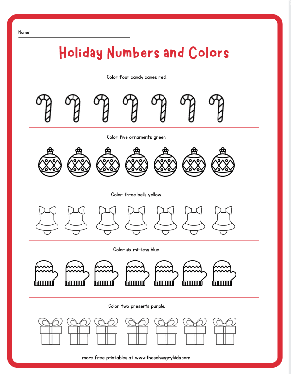 holiday numbers and colors worksheet 