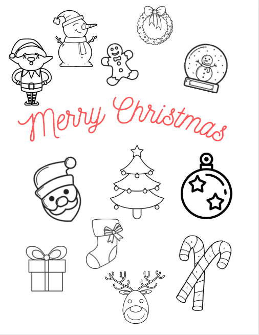 Christmas items and merry christmas coloring page