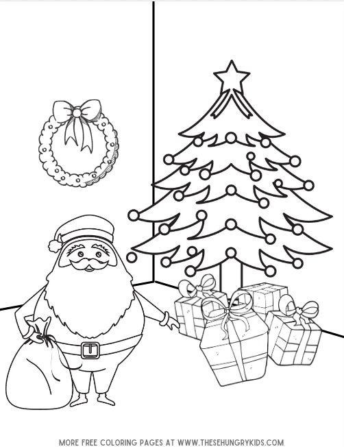 Santa by the christmas tree coloring page