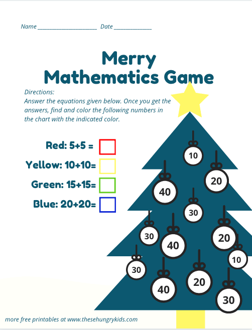 Christmas tree math game printable activity