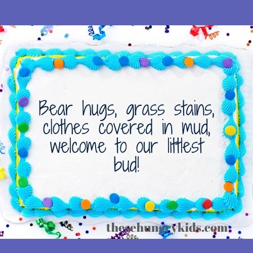 white cake with blue frosting that says "bear hugs, grass stains, clothes covered in mud, welcome to our littlest bud" 