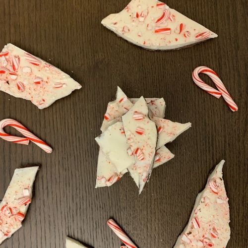 dark chocolate peppermint bark with candy canes 