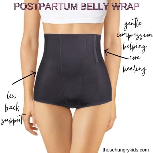 postpartum belly wrap with words in cursive reading gentle compression helping core healing and low back support 