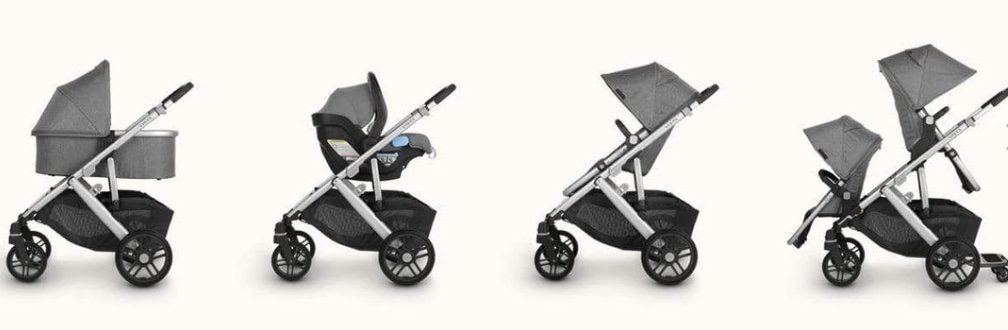 feature photo of the uppababy vista photo four ways including with bassinet, car seat, single seat, and double stroller