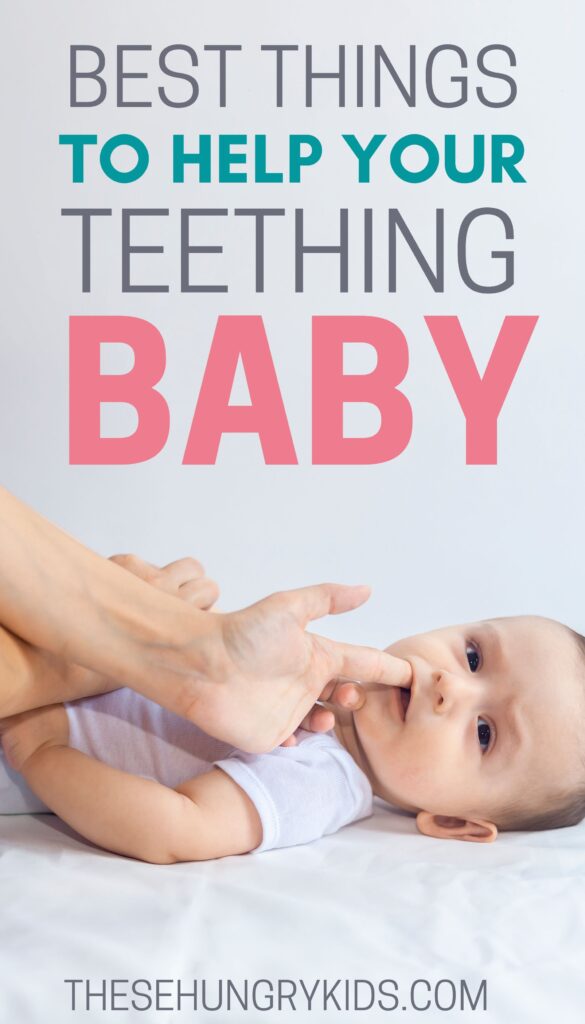 baby chewing on parent's finger with text saying how to help your teething baby