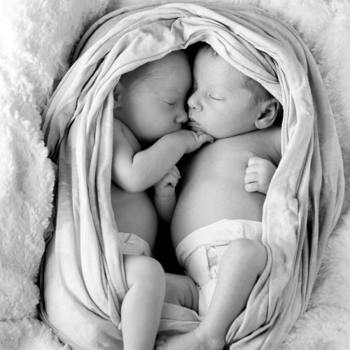 black and white photo of two newborn babies laying on their sides wrapped in a blanket