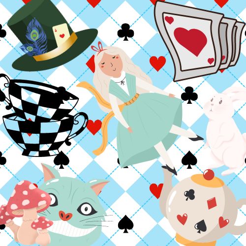 Alice in wonderland themed graphic featuring playing card style background, teapot, cards, hat, and cups