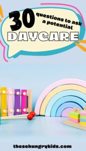brightly colored graphic with 30 questions to ask a potential daycare written in text. Blue background with a multi colored speech bubble behind text and a graphic of various wooden toys 
